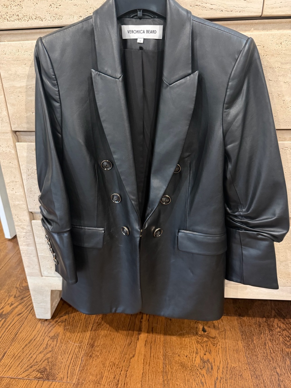 Veronica Beard Metallic Black Faux Leather Double-Breasted Pea Coat